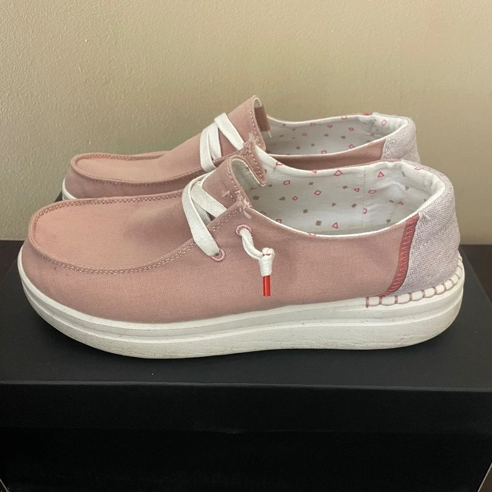 Hey Dude Wendy Rise Chambray Pink Platform Loafers Women Size 8 121945031 - Picture 1 of 8